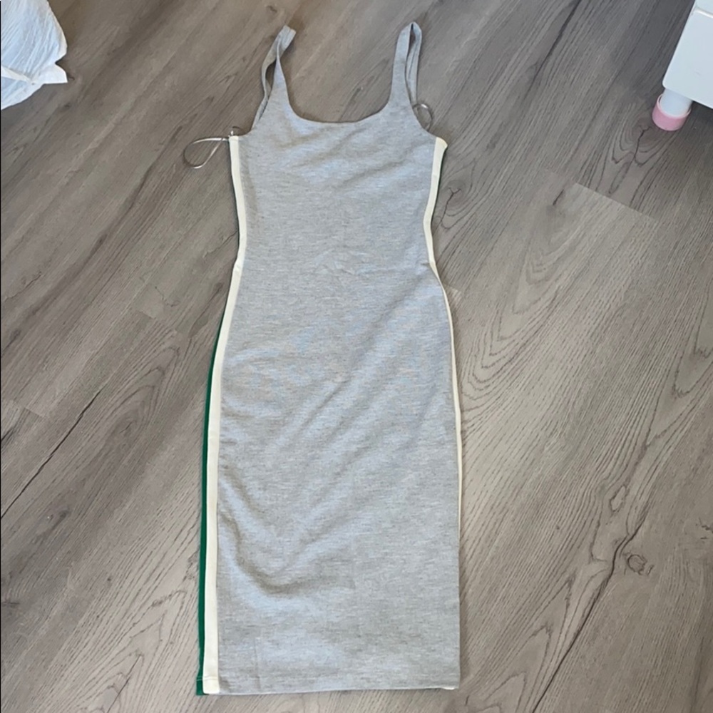 gray mid length fitted dress